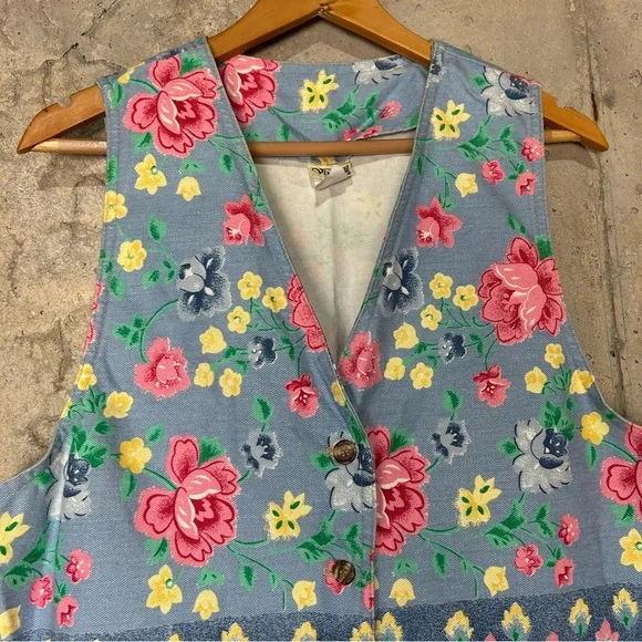 Vintage 80s Vivaldi floral denim v neck button up vest large - Picture 3 of 6